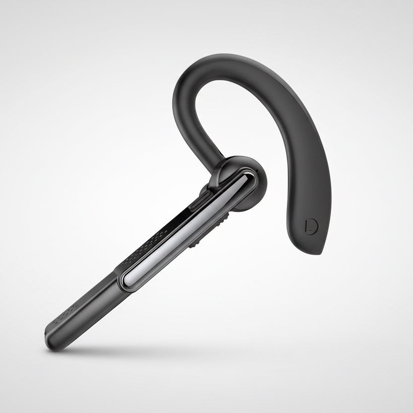 Black Bluetooth headset on a white background