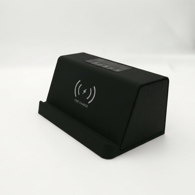 Black electronic device with wireless charging symbol on a white background