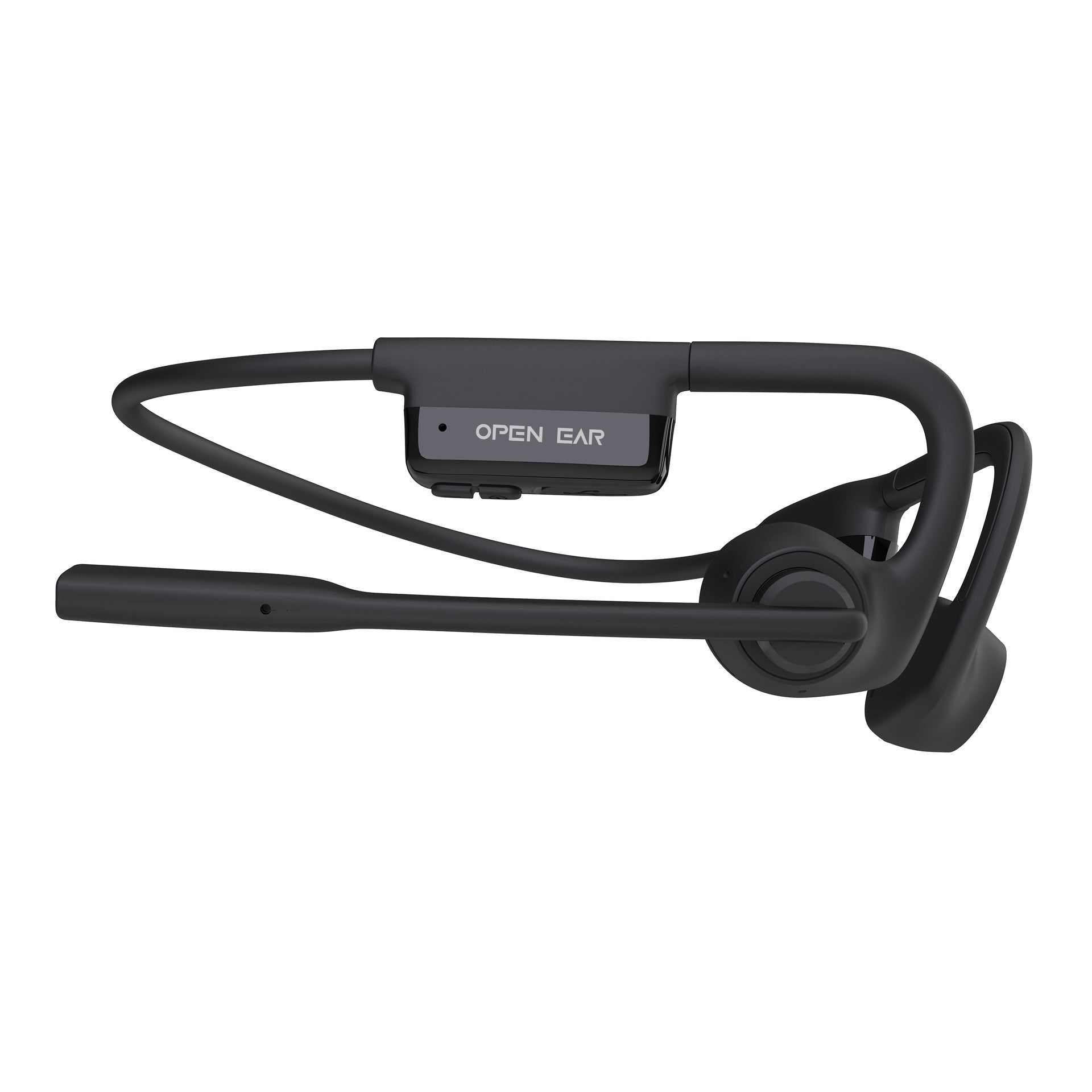 Black Bluetooth headset on a white background