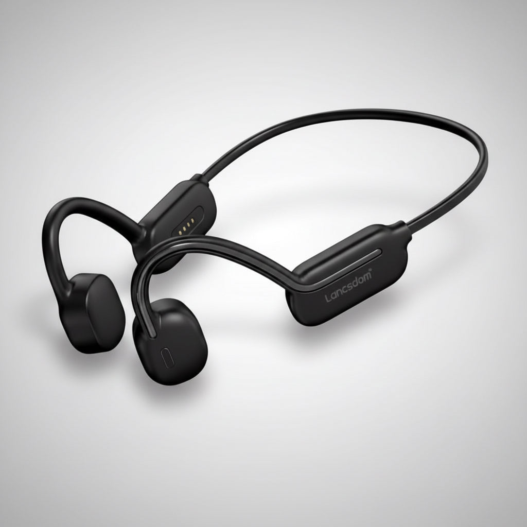 Black wireless earbuds with a cable on a white background