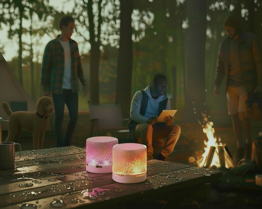 People camping in a forest with two colorful lanterns on a table.