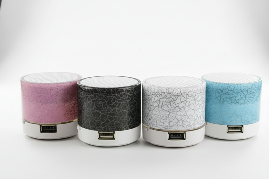 Four cylindrical USB devices with cracked surface design in different colors on a white background