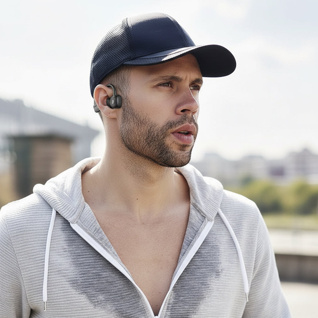 Man wearing wireless earbuds with product features highlighted on a blurred background