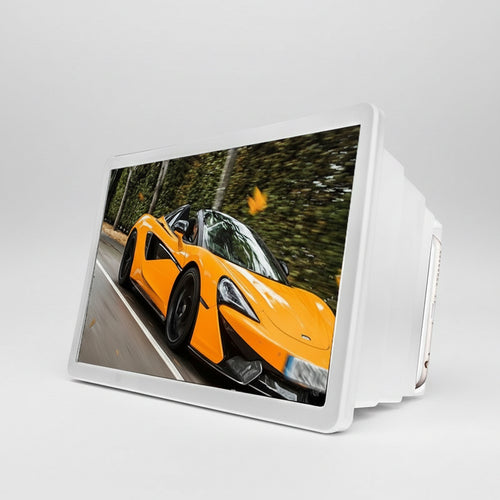 3D visual device displaying an orange sports car on a road with trees.