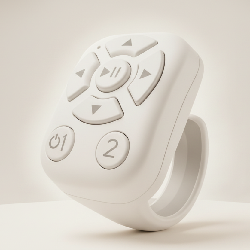 White electronic device with buttons on a light gray background