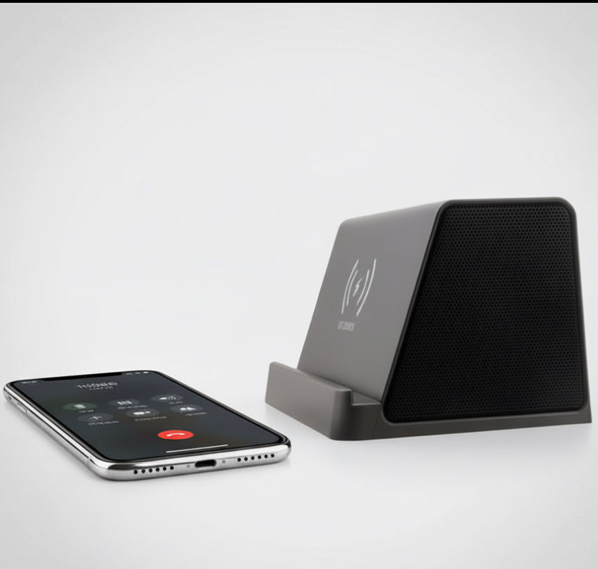 Smartphone on a stand with a white background