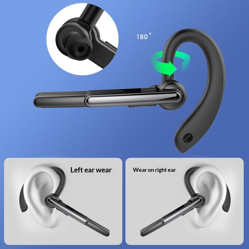 Black Bluetooth earbud with 180-degree swivel design on a blue background