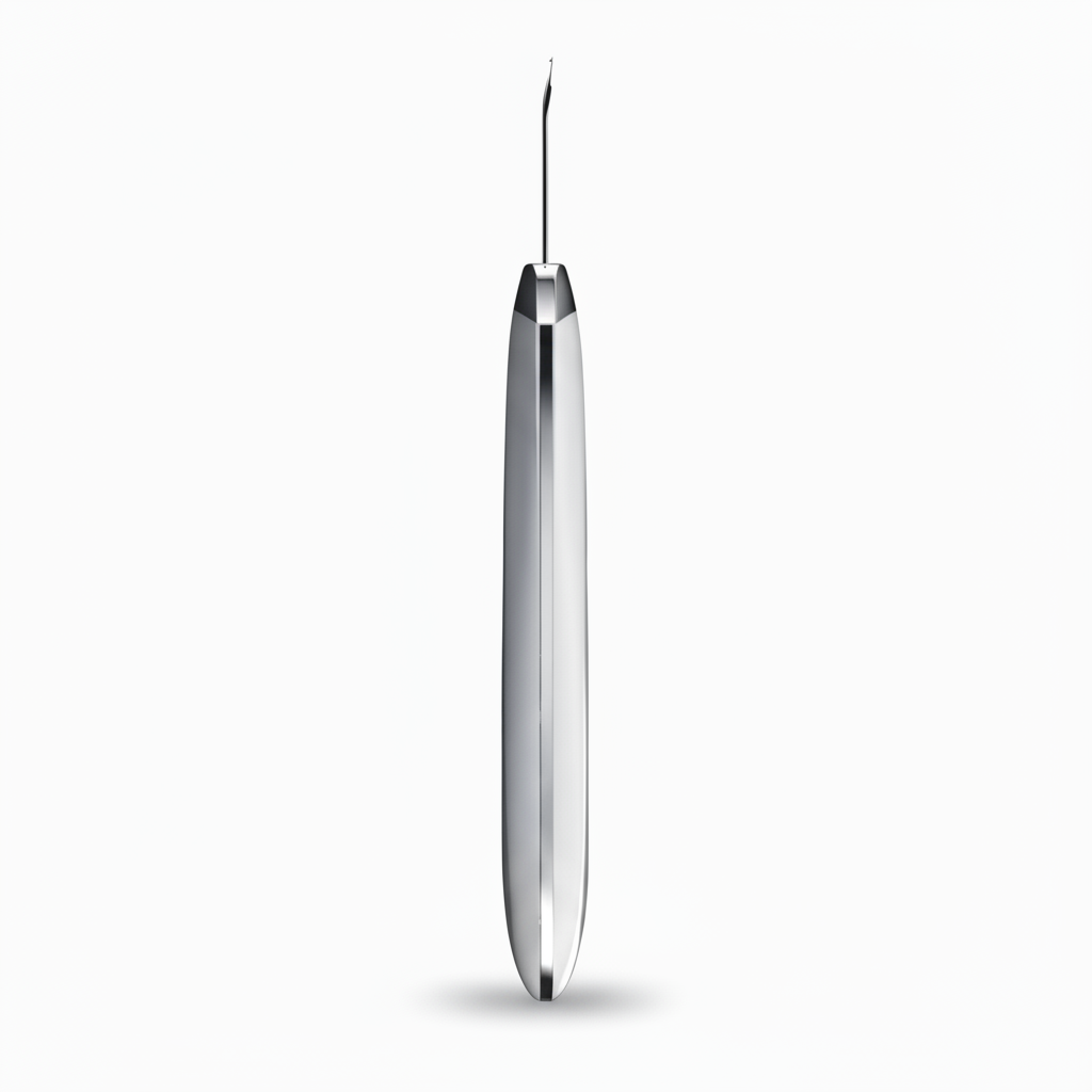 White electronic device with gray top and silver handle on a white background