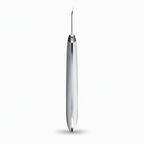 White electronic device with gray top and silver handle on a white background