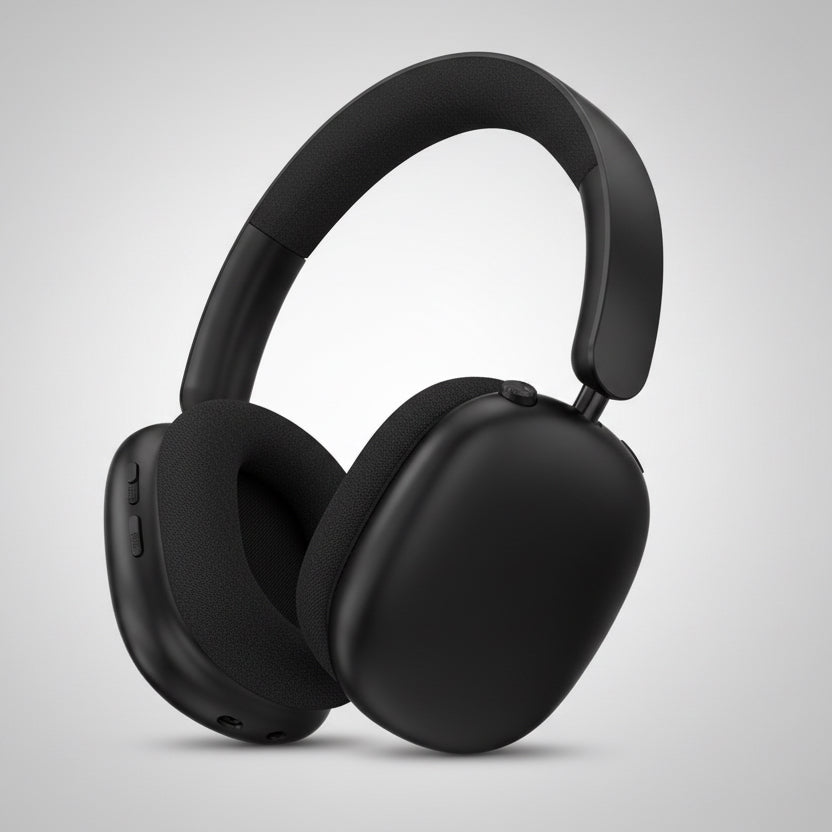 Black headphones on a white background