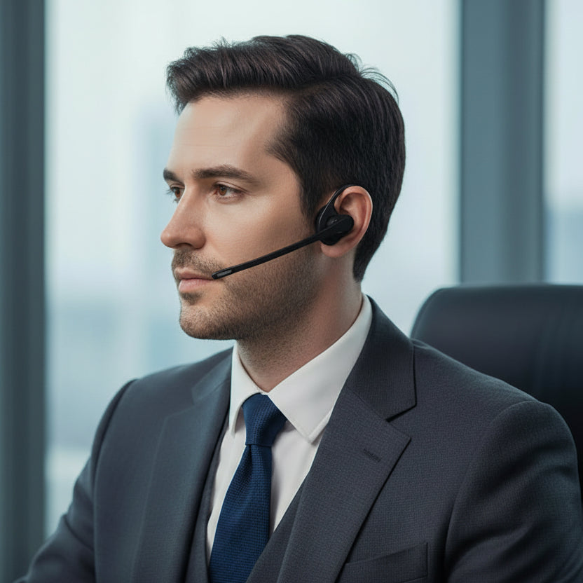 Black open-ear headphones on a white background