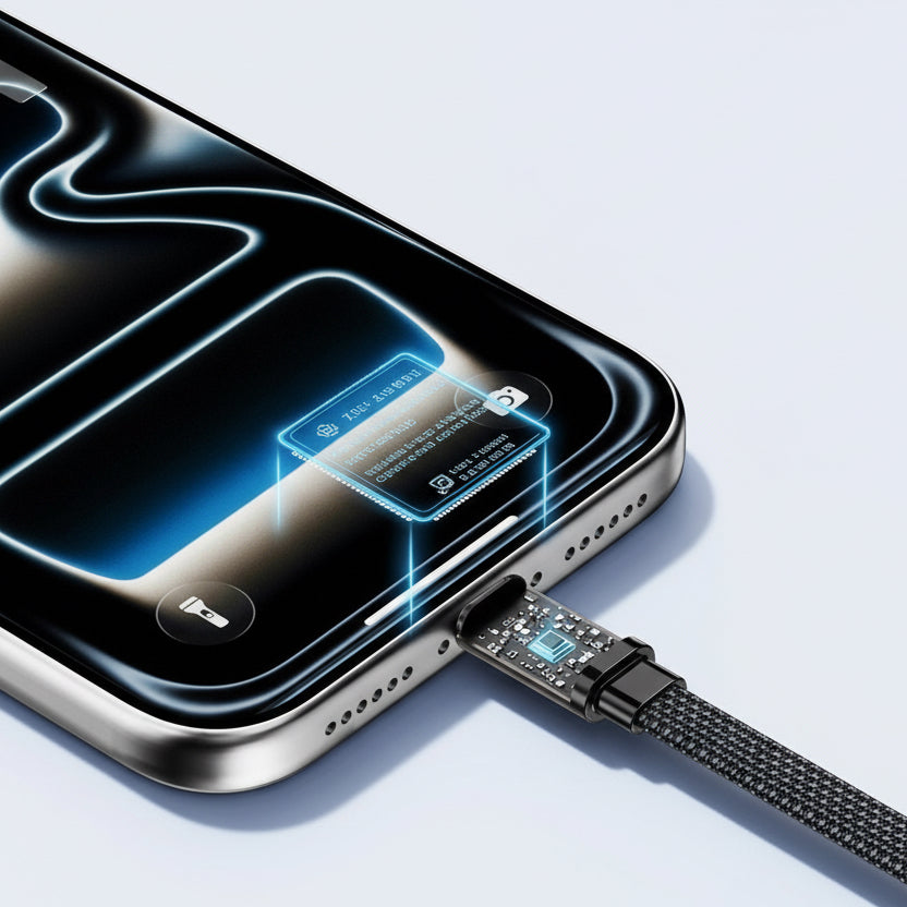 Smartphone with a charging cable and intelligent chip on a light gray background
