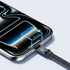 Smartphone with a charging cable and intelligent chip on a light gray background