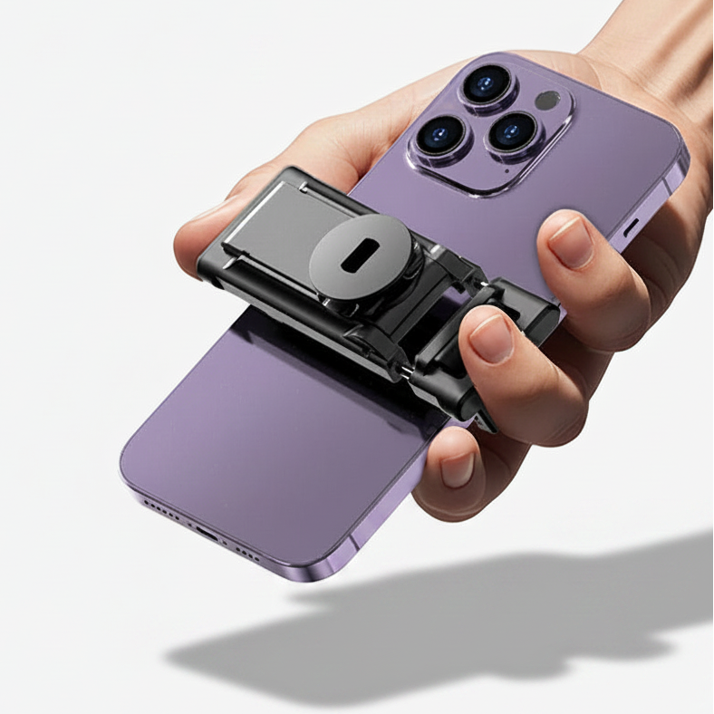 Hand holding a purple smartphone with a camera attachment on a white background