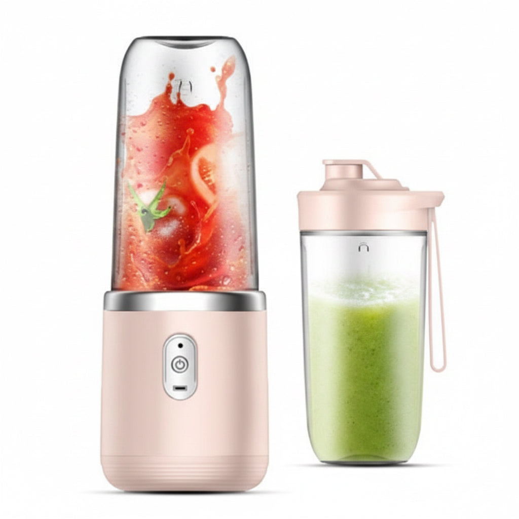 Portable blender with a pink body and green smoothie, featuring text about its specifications.