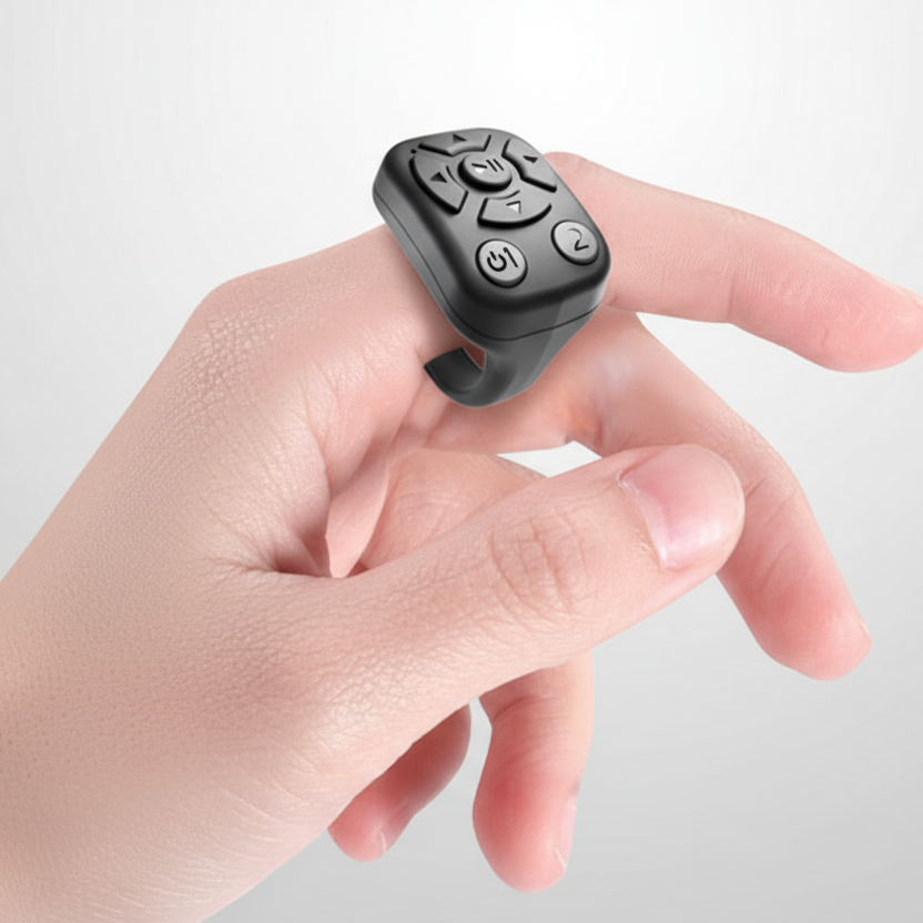 Black Bluetooth ring on a hand with blue background and Bluetooth 5.3 logo.