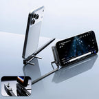 Smartphone with a stand and screen displaying content on a light blue background