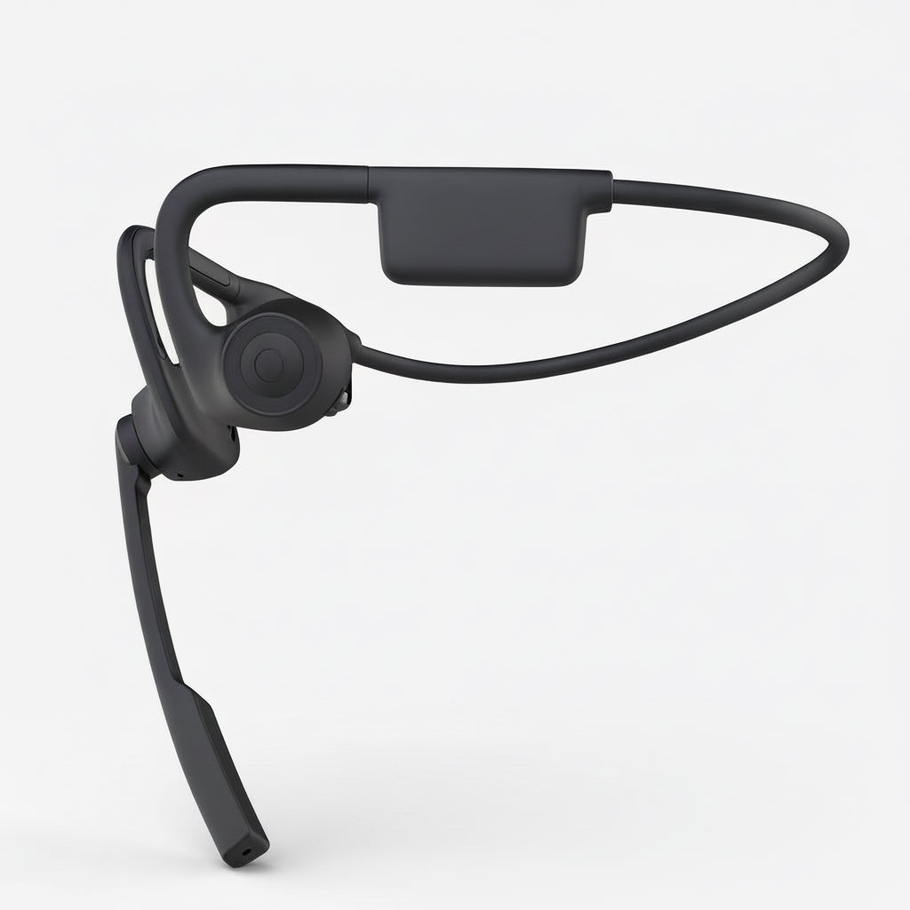 Black open-ear headphones on a white background