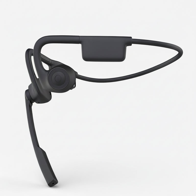 Black open-ear headphones on a white background