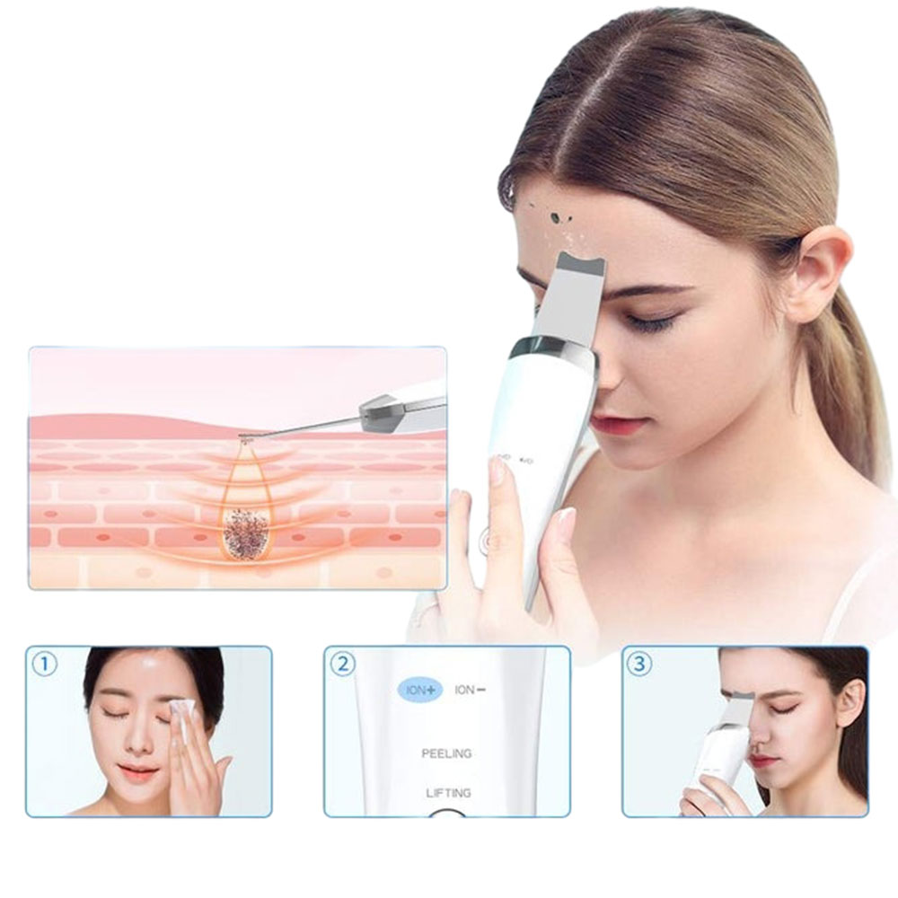 Woman using a skincare device with inset images showing skin treatment process.