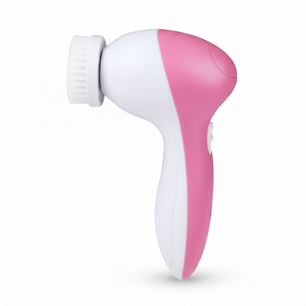 Pink and white facial cleansing brush on a white background
