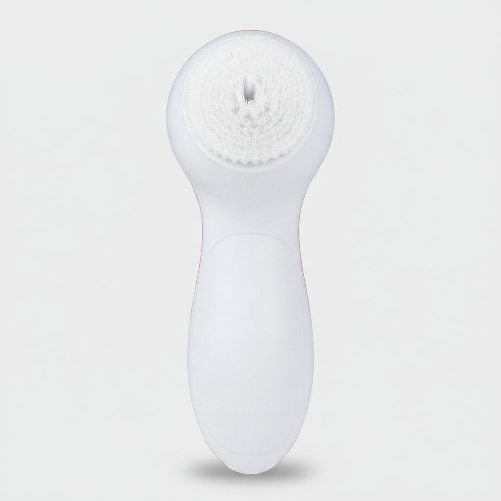 Pink and white handheld cleaning brush on a white background